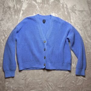 Gap Womens L Shaker-Stitch Cardigan Sweater Blue Cropped Cotton Knit Oversized